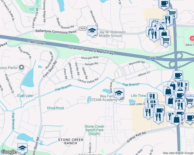 map of restaurants, bars, coffee shops, grocery stores, and more near 5704 Cactus Valley Road in Charlotte