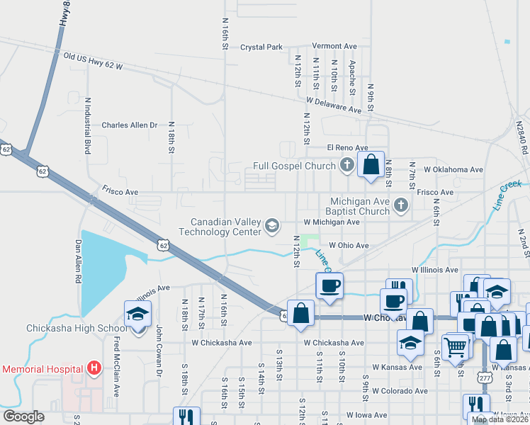 map of restaurants, bars, coffee shops, grocery stores, and more near 1301 Frisco Avenue in Chickasha