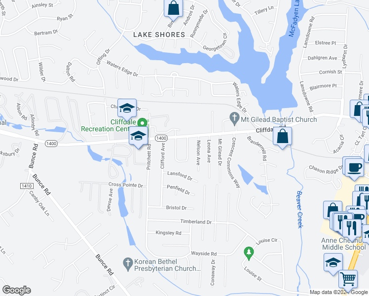 map of restaurants, bars, coffee shops, grocery stores, and more near 516 Jennings Farm Road in Fayetteville