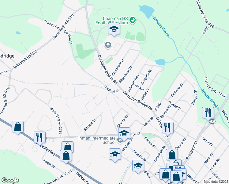 map of restaurants, bars, coffee shops, grocery stores, and more near 1221 Compton Bridge Road in Inman