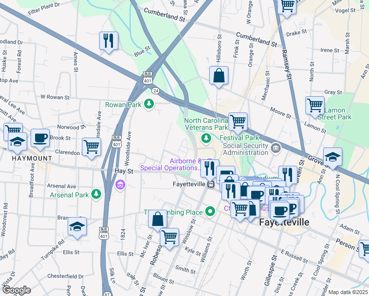 map of restaurants, bars, coffee shops, grocery stores, and more near 301 Bragg Boulevard in Fayetteville