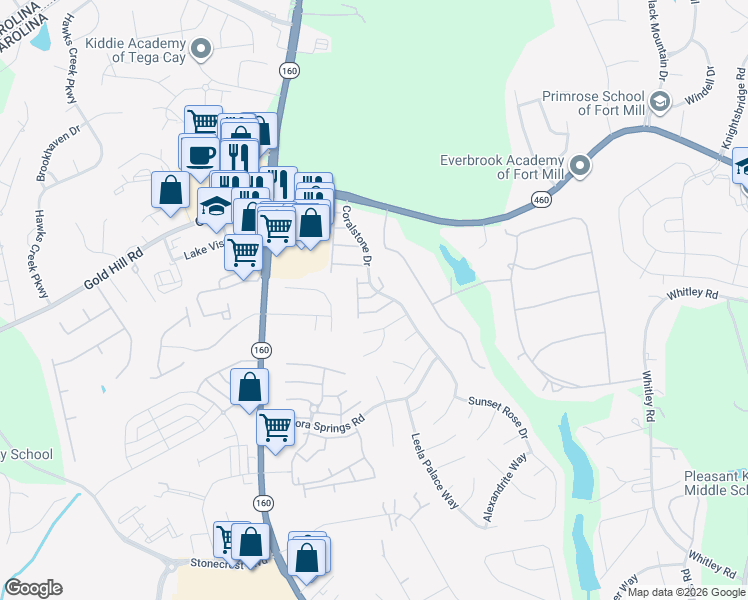 map of restaurants, bars, coffee shops, grocery stores, and more near 1921 Travertine Lane in Fort Mill