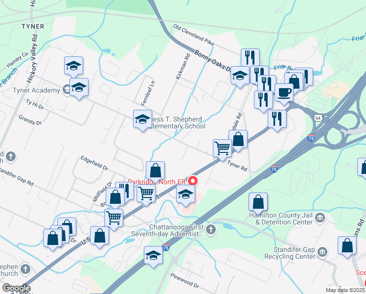map of restaurants, bars, coffee shops, grocery stores, and more near 2741 Stone Trace Drive in Chattanooga