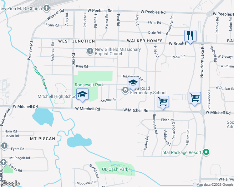 map of restaurants, bars, coffee shops, grocery stores, and more near 3336 Ford Road in Memphis