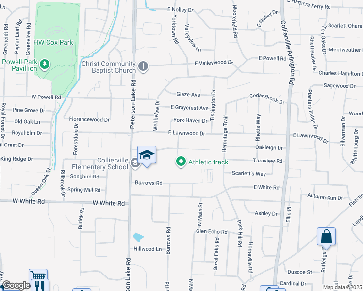 map of restaurants, bars, coffee shops, grocery stores, and more near 660 Kenaw Street in Collierville