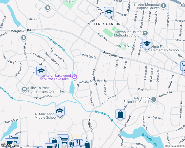 map of restaurants, bars, coffee shops, grocery stores, and more near 222 Pinecrest Drive in Fayetteville