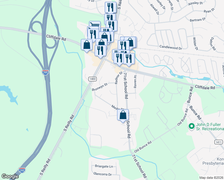 map of restaurants, bars, coffee shops, grocery stores, and more near 7006 Wright Court in Fayetteville