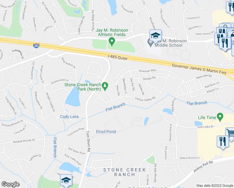 map of restaurants, bars, coffee shops, grocery stores, and more near 5032 Peco Road in Charlotte