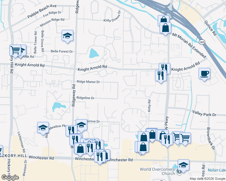 map of restaurants, bars, coffee shops, grocery stores, and more near 3326 Snow Ridge Cove in Memphis