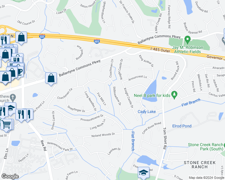 map of restaurants, bars, coffee shops, grocery stores, and more near 7001 Stillmeadow Drive in Charlotte