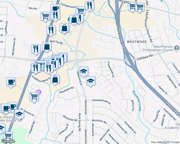 map of restaurants, bars, coffee shops, grocery stores, and more near 4699 Keg Court in Fayetteville