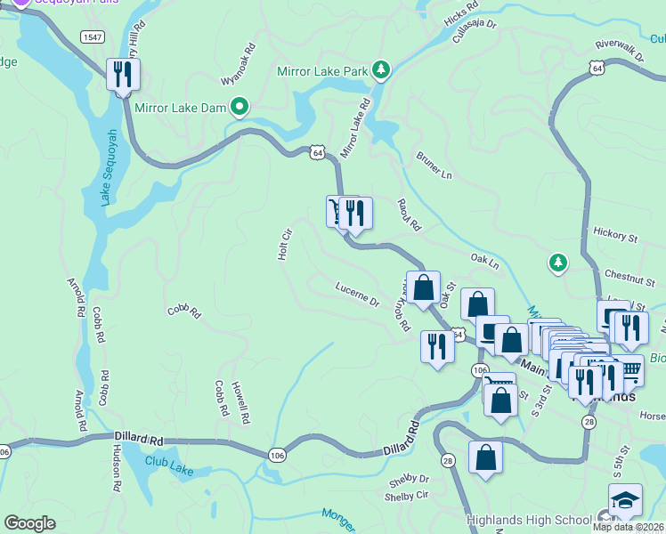 map of restaurants, bars, coffee shops, grocery stores, and more near 195 Holt Circle in Highlands