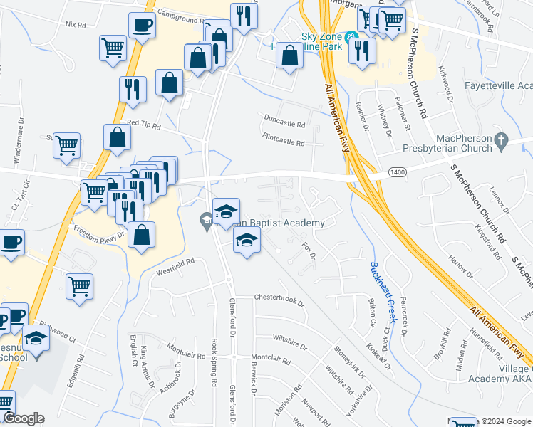 map of restaurants, bars, coffee shops, grocery stores, and more near 4624 Keg Court in Fayetteville