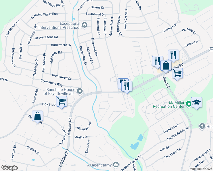 map of restaurants, bars, coffee shops, grocery stores, and more near 8464 Cliffdale Road in Fayetteville