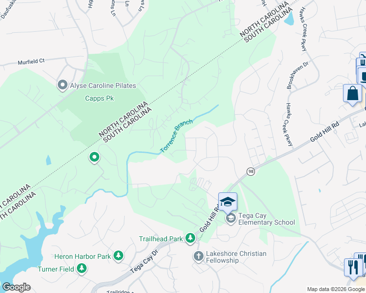 map of restaurants, bars, coffee shops, grocery stores, and more near 3130 Torrence Branch Drive in Fort Mill