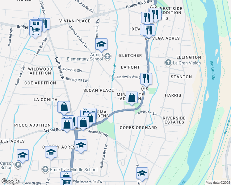 map of restaurants, bars, coffee shops, grocery stores, and more near 1122 Landon Lane Southwest in Albuquerque