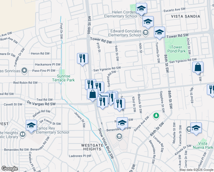 map of restaurants, bars, coffee shops, grocery stores, and more near 914 Sunbird Road Southwest in Albuquerque