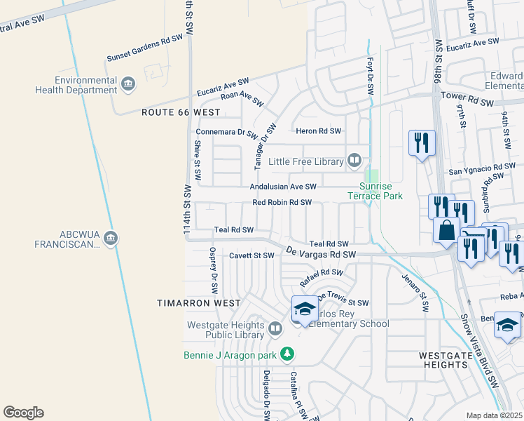 map of restaurants, bars, coffee shops, grocery stores, and more near 905 Cockatiel Drive Southwest in Albuquerque