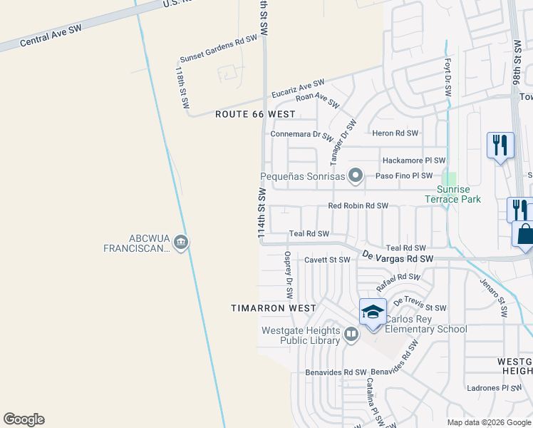 map of restaurants, bars, coffee shops, grocery stores, and more near 905 Blackbird Drive Southwest in Albuquerque