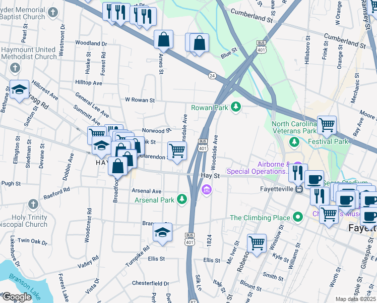 map of restaurants, bars, coffee shops, grocery stores, and more near 202 Hinsdale Avenue in Fayetteville