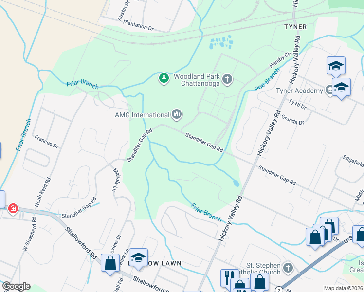 map of restaurants, bars, coffee shops, grocery stores, and more near 6730 Standifer Gap Road in Chattanooga