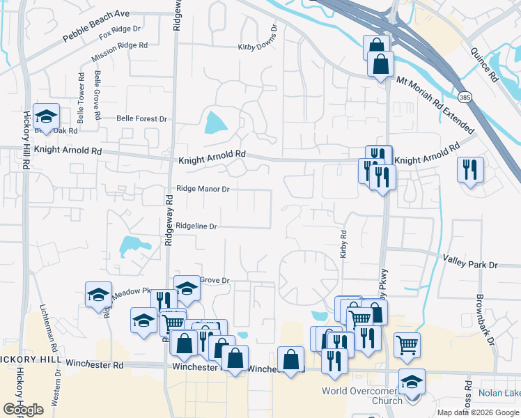 map of restaurants, bars, coffee shops, grocery stores, and more near 3326 Snow Ridge Cove in Memphis