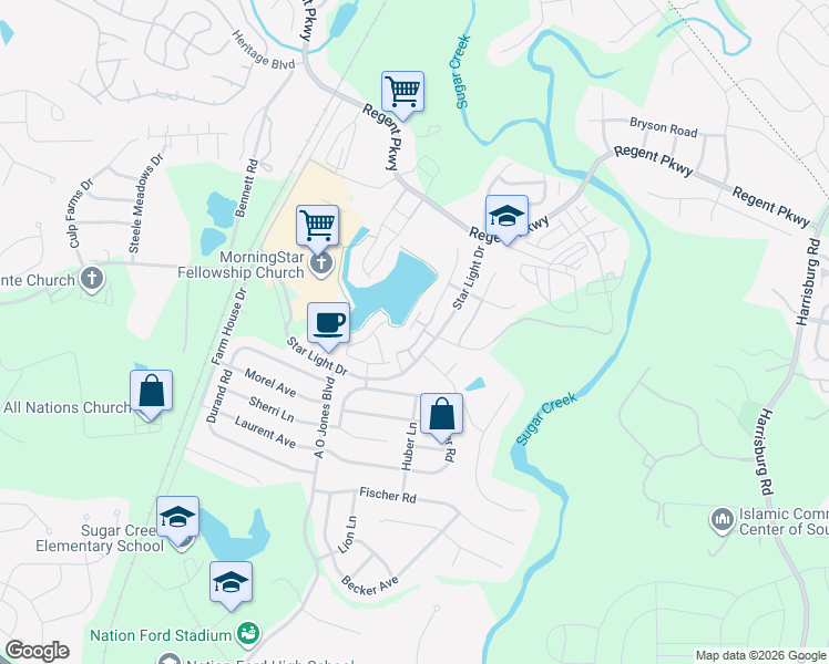 map of restaurants, bars, coffee shops, grocery stores, and more near 589 Star Light Drive in Fort Mill