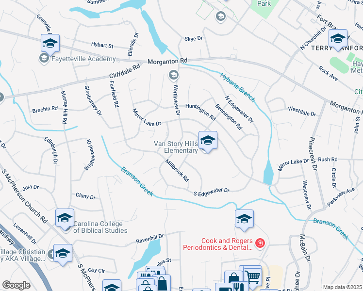 map of restaurants, bars, coffee shops, grocery stores, and more near 415 Northview Drive in Fayetteville