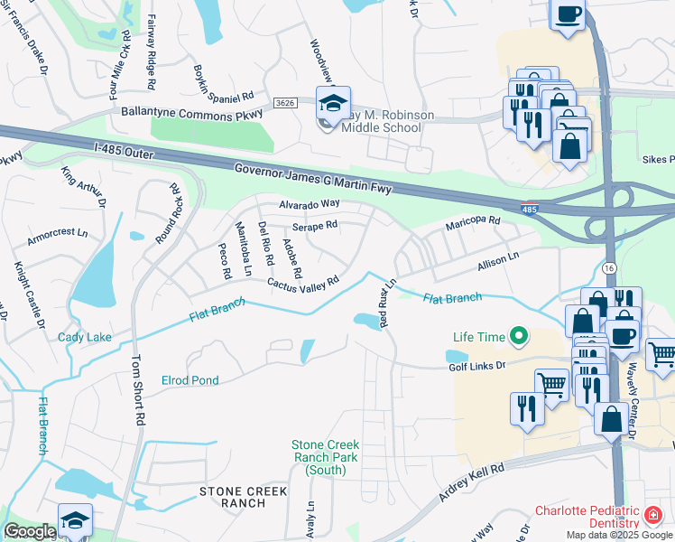 map of restaurants, bars, coffee shops, grocery stores, and more near 5710 Cactus Valley Road in Charlotte
