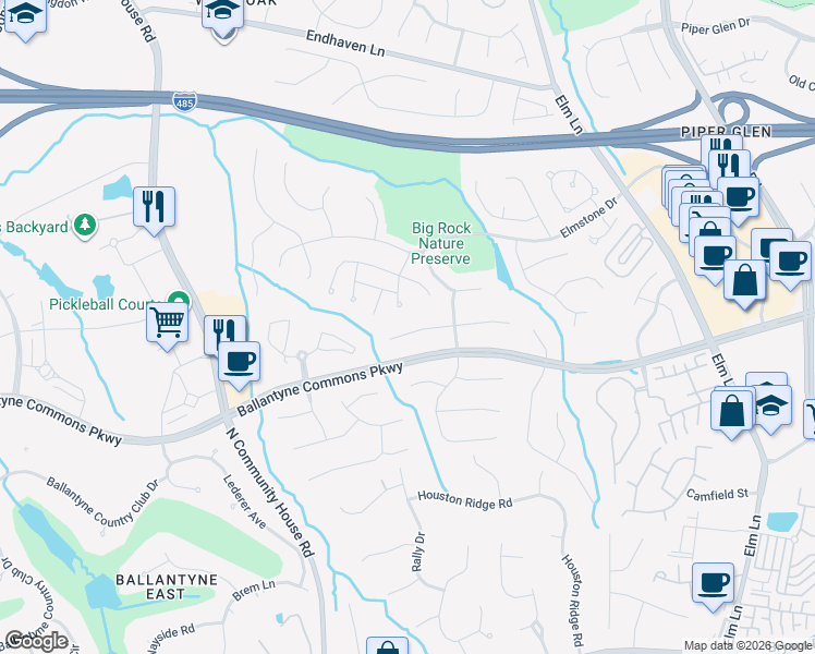 map of restaurants, bars, coffee shops, grocery stores, and more near 10940 Wild Dove Lane in Charlotte