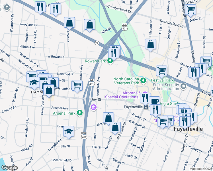 map of restaurants, bars, coffee shops, grocery stores, and more near 718 Athens Avenue in Fayetteville