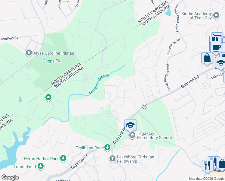 map of restaurants, bars, coffee shops, grocery stores, and more near 2964 Deer Creek Drive in Fort Mill