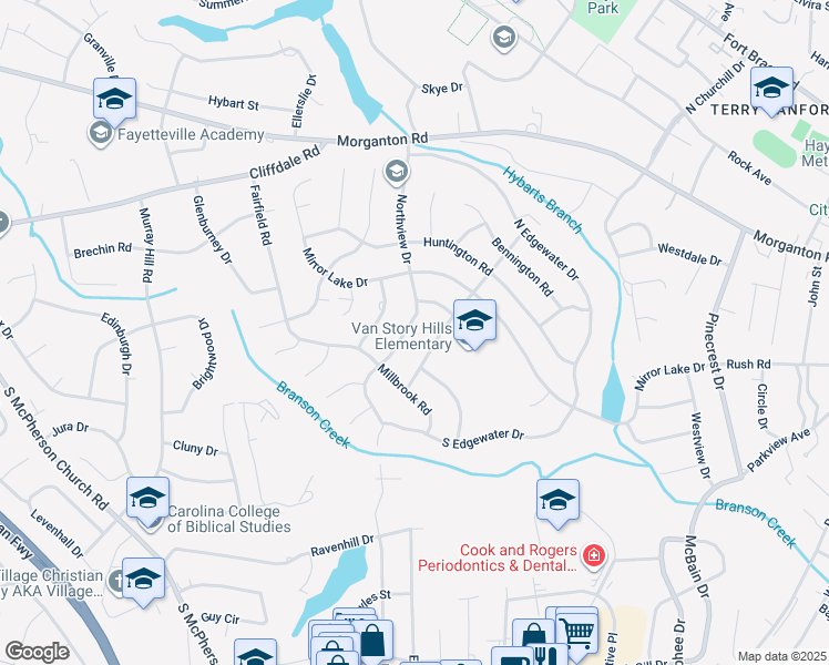 map of restaurants, bars, coffee shops, grocery stores, and more near 415 Northview Drive in Fayetteville