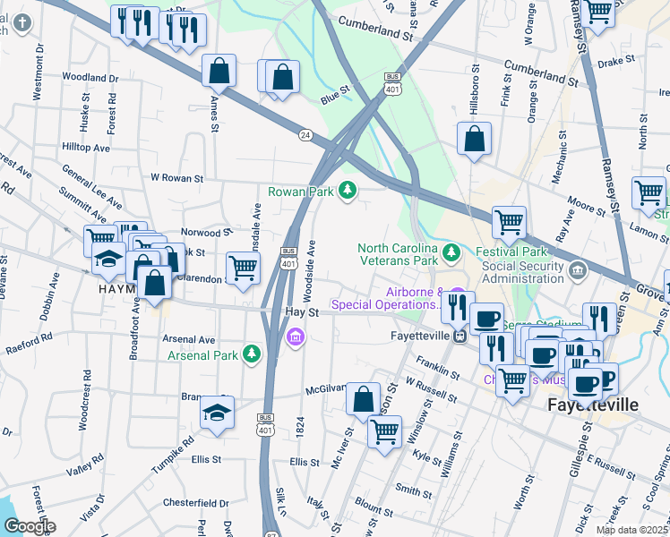map of restaurants, bars, coffee shops, grocery stores, and more near 718 Athens Avenue in Fayetteville