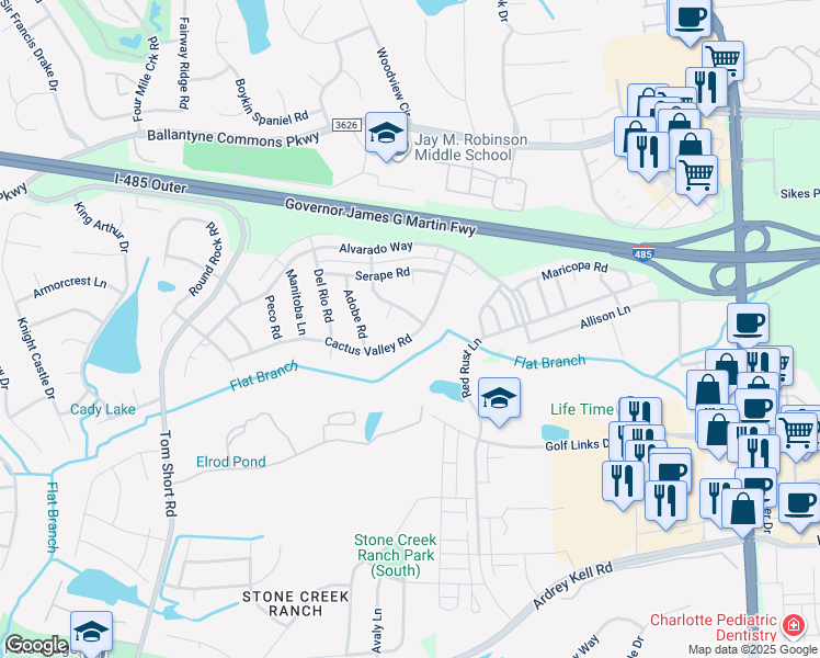map of restaurants, bars, coffee shops, grocery stores, and more near 5710 Cactus Valley Road in Charlotte