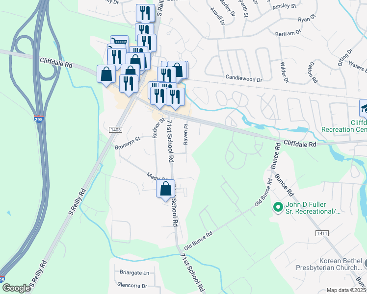 map of restaurants, bars, coffee shops, grocery stores, and more near 514 Raven Place in Fayetteville