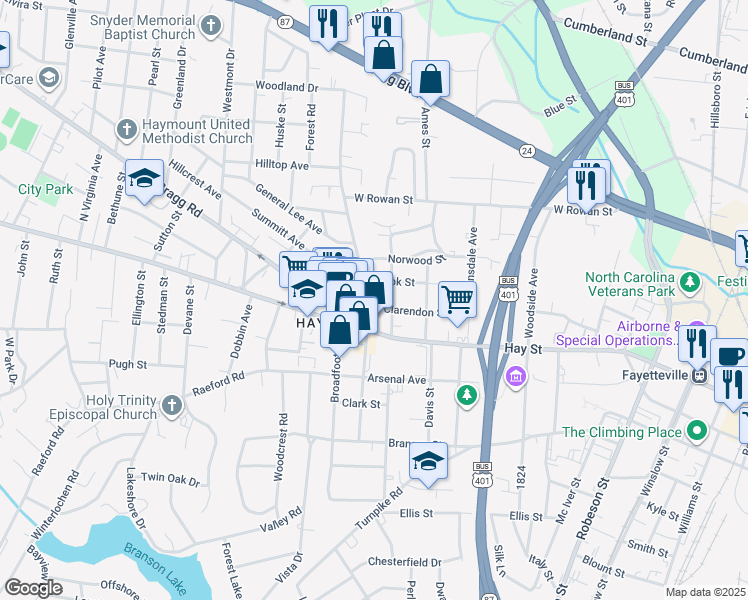 map of restaurants, bars, coffee shops, grocery stores, and more near 1100 Clarendon Street in Fayetteville