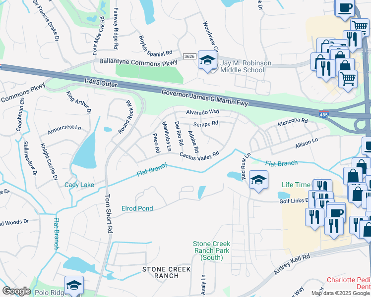 map of restaurants, bars, coffee shops, grocery stores, and more near 6533 Del Rio Road in Charlotte
