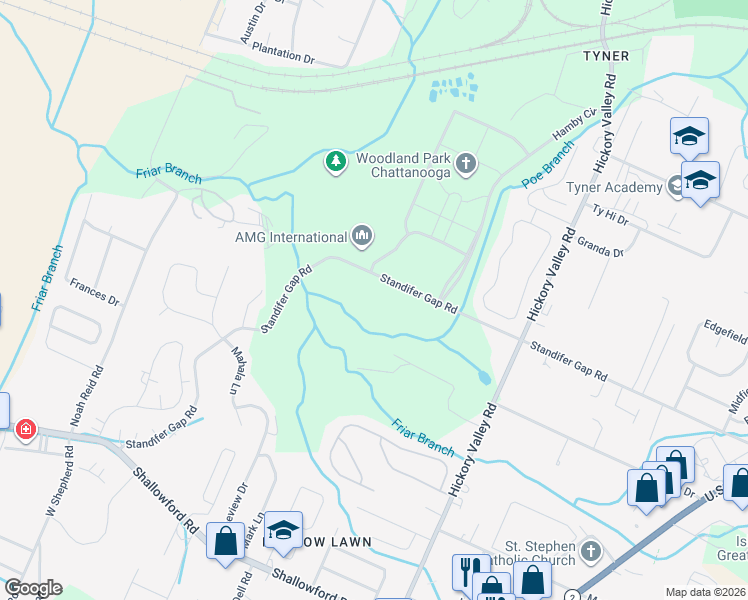 map of restaurants, bars, coffee shops, grocery stores, and more near 6730 Standifer Gap Road in Chattanooga
