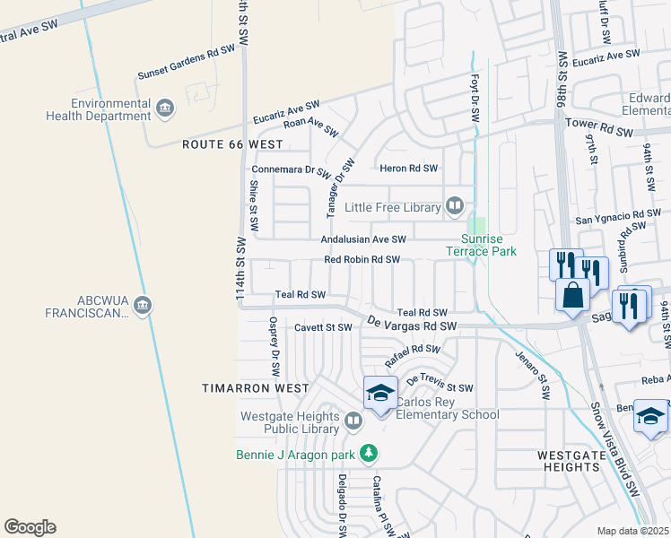 map of restaurants, bars, coffee shops, grocery stores, and more near 905 Cockatiel Drive Southwest in Albuquerque