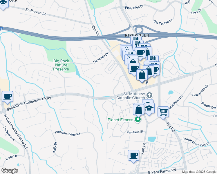 map of restaurants, bars, coffee shops, grocery stores, and more near 11230 Ballantyne Trace Court in Charlotte