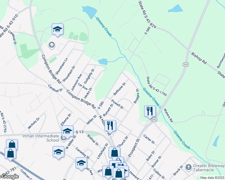 map of restaurants, bars, coffee shops, grocery stores, and more near 220 South 580 in Inman