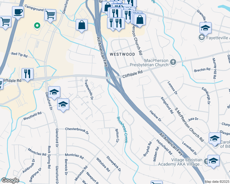 map of restaurants, bars, coffee shops, grocery stores, and more near 4636 Weaverhall Drive in Fayetteville