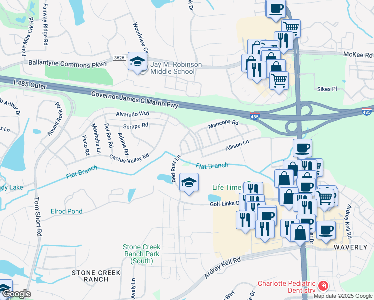 map of restaurants, bars, coffee shops, grocery stores, and more near 10834 Dancing Wind Rd in Charlotte