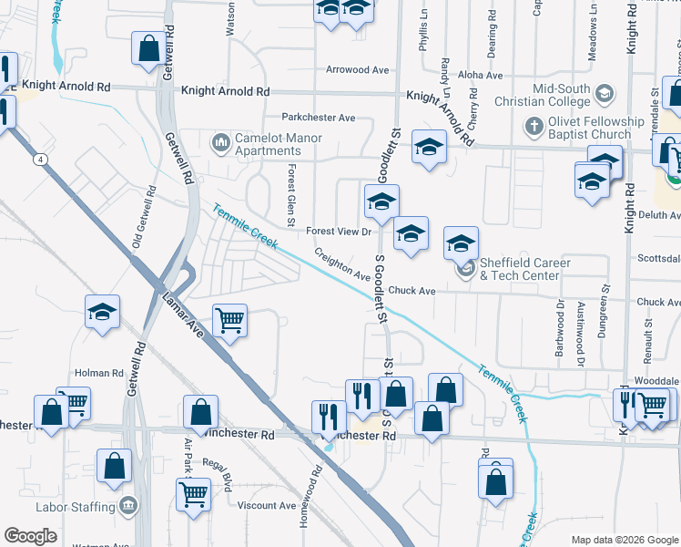 map of restaurants, bars, coffee shops, grocery stores, and more near 3352 Creighton Avenue in Memphis