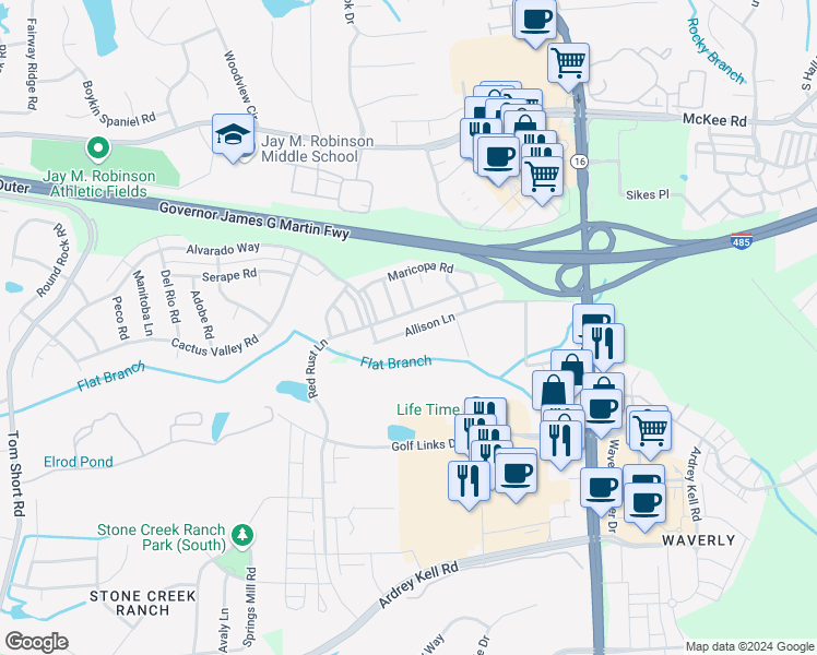 map of restaurants, bars, coffee shops, grocery stores, and more near 5458 Allison Lane in Charlotte
