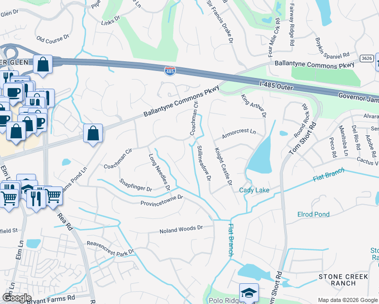 map of restaurants, bars, coffee shops, grocery stores, and more near 7036 Huntsmaster Drive in Charlotte
