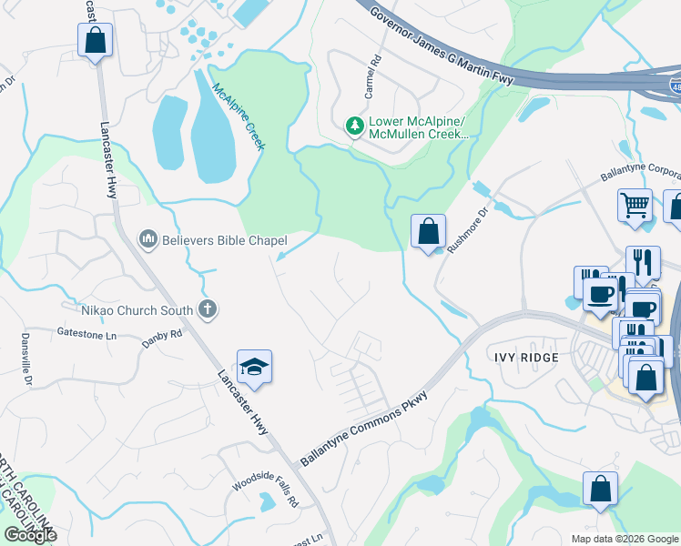 map of restaurants, bars, coffee shops, grocery stores, and more near 13926 Dovehunt Place in Charlotte