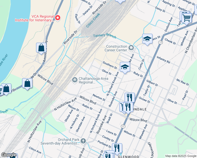map of restaurants, bars, coffee shops, grocery stores, and more near 1656 Ocoee Street in Chattanooga
