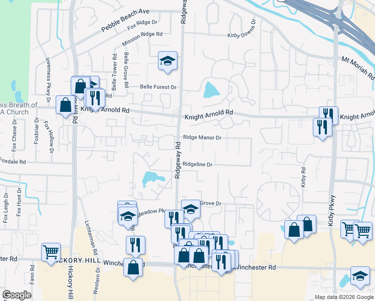 map of restaurants, bars, coffee shops, grocery stores, and more near 3322 Bright Ridge Cove in Memphis